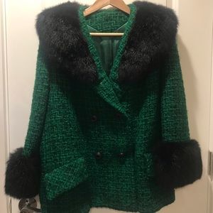 Pristine Vintage Green Wool Coat w/Black Fur Trim